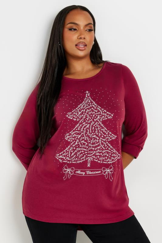 YOURS Plus Size Burgundy Red Christmas Tree Slogan Top | Yours Clothing  2