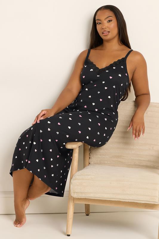YOURS Plus Size Black Heart Soft Touch Chemise Nightdress | Yours Clothing 1