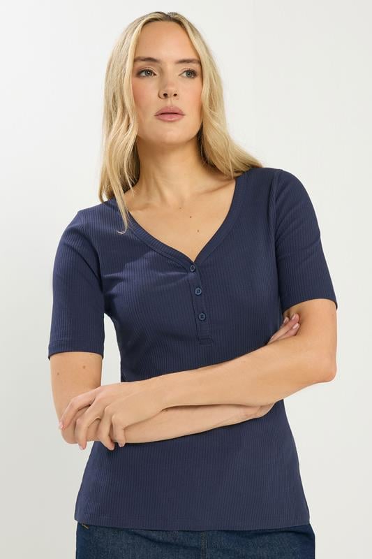 LTS Tall Navy Blue Ribbed Short Sleeve Henley Top