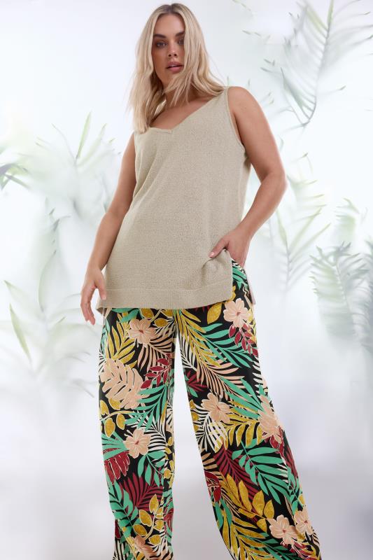 YOURS Plus Size Black Tropical Print Wide Leg Trousers | Yours Clothing 5