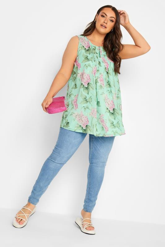 YOURS Curve Mint Green Floral Pintuck Sleeveless Blouse | Yours Clothing  2