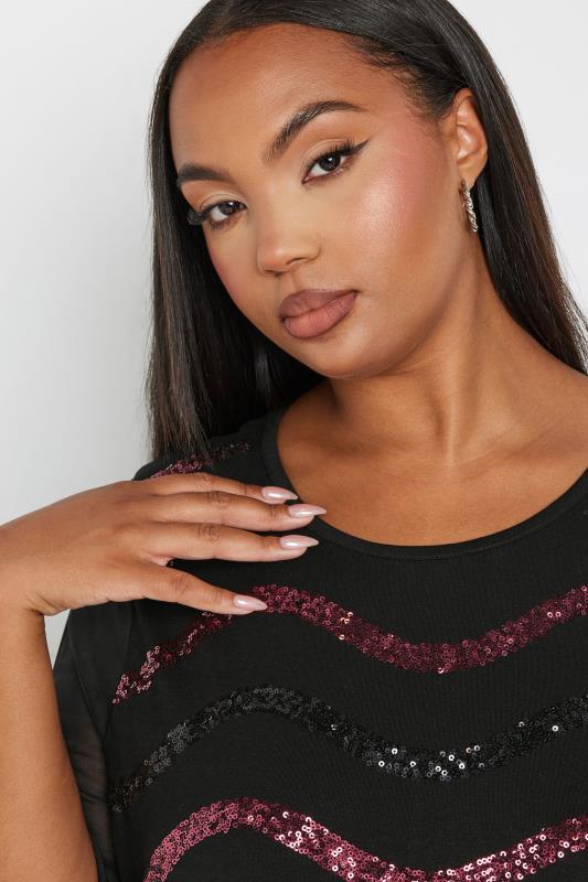 YOURS Plus Size Black Sequin Embellished Mesh Sleeve Top | Yours Clothing 4