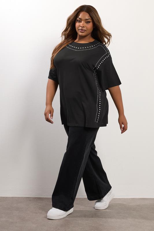 YOURS Plus Size Black Studded Oversized T-Shirt | Yours Clothing 2
