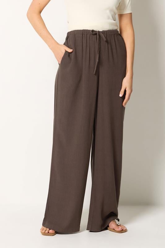 LTS Tall Women's Chocolate Brown Wide Leg Linen Trousers | Long Tall Sally 3