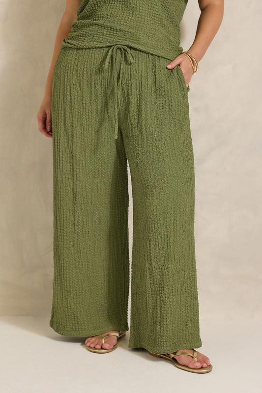  EVANS Curve Khaki Green Crinkle Wide Leg Trousers