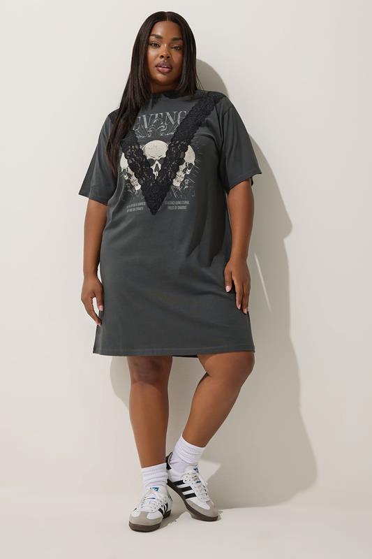 LIMITED COLLECTION Plus Size Grey Skull Graphic Lace T-Shirt Dress | Yours Clothing 2