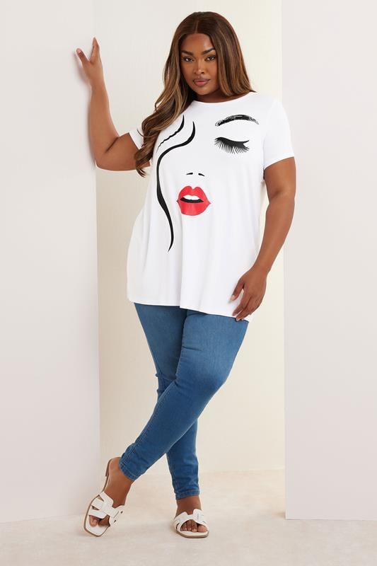 YOURS Plus Size White Abstract Face Print Top | Yours Clothing 2