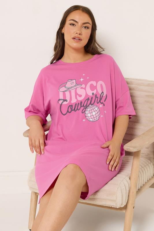 YOURS Plus Size Pink 'Disco Cowgirl' Sleep Tee Nightdress | Yours Clothing 1