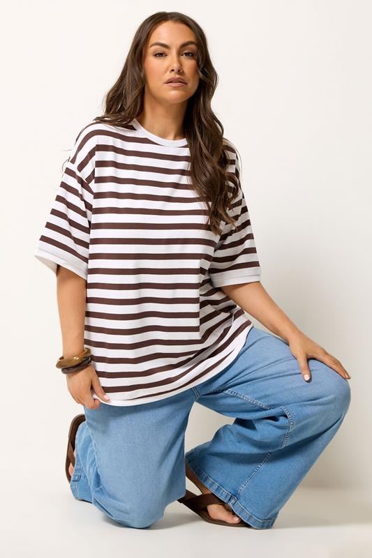 YOURS Plus Size Chocolate Brown Stripe Longline Ringer T-Shirt | Yours Clothing 1