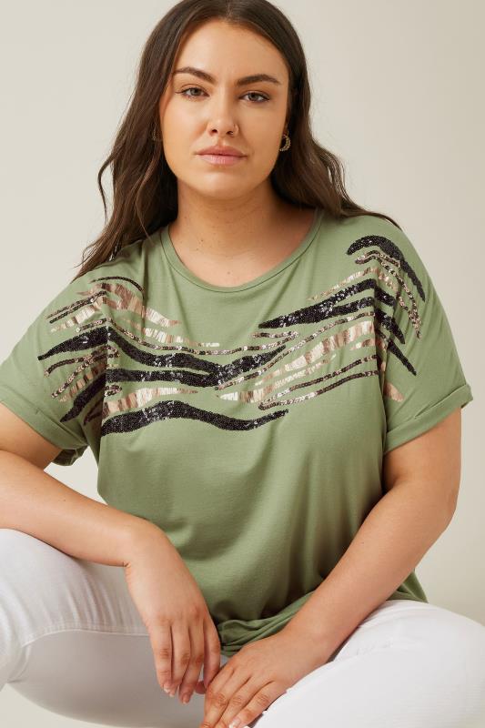 EVANS Plus Size Khaki Green Zebra Print Sequin Embellished T-Shirt | Evans  1