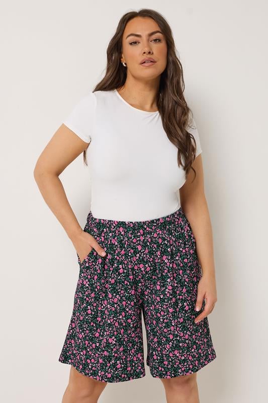 YOURS Curve Black Floral Print Jersey Crinkle Shorts