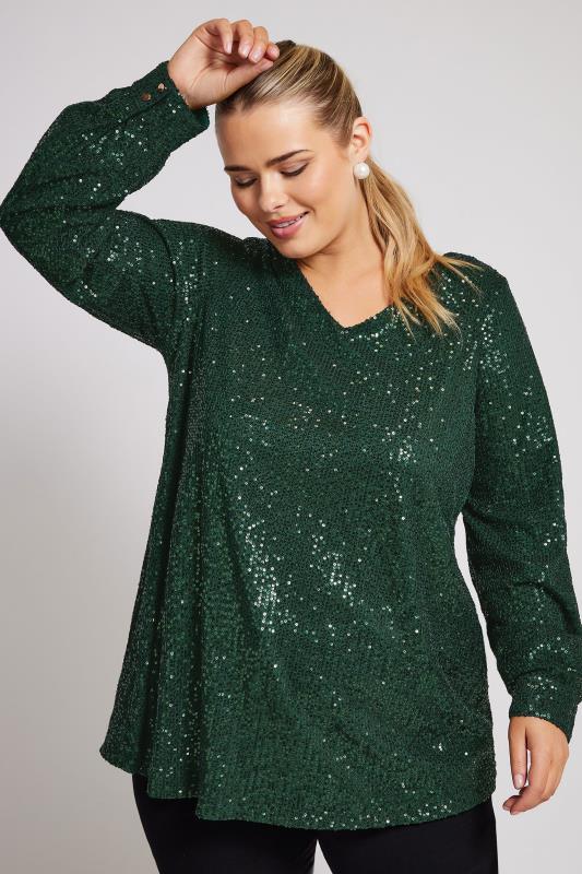 YOURS LONDON Plus Size Green Sequin V-Neck Top | Yours Clothing 1