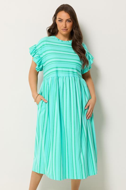 YOURS Plus Size Green Stripe Frill Sleeve Dress | Yours Clothing 1