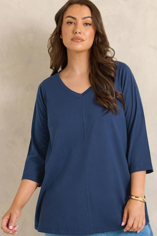 EVANS Plus Size Navy Blue V-Neck Cotton Top | Evans 1