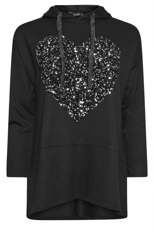 YOURS Plus Size Black Sequin Embellished Heart Longline Hoodie | Yours Clothing 5