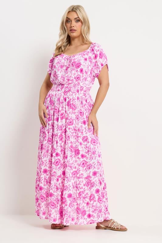  YOURS Curve Pink Floral Tie Neck Bardot Maxi Dress