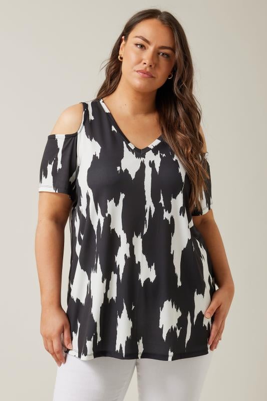 Plus Size  EVANS Curve Black Abstract Print Cold Shoulder Top