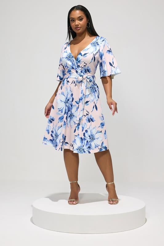 Plus Size  YOURS LONDON Curve Pink Floral Wrap Skater Dress