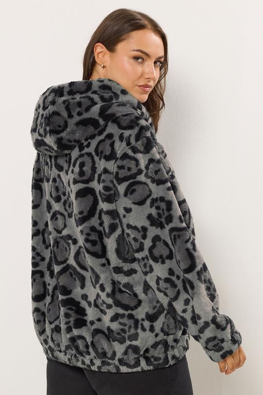 YOURS Plus Size Grey Leopard Print Faux Fur Hooded Jacket | Yours Clothing 4