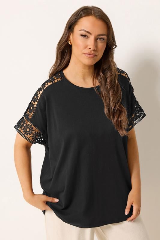 YOURS Curve Black Crochet Sleeve Boxy T-Shirt