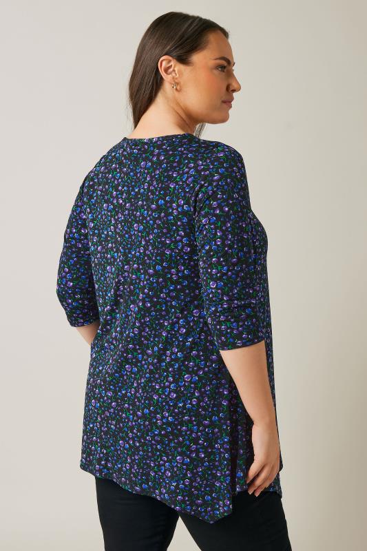 EVANS Plus Size Navy Blue Floral Print Hanky Hem Top | Evans 3