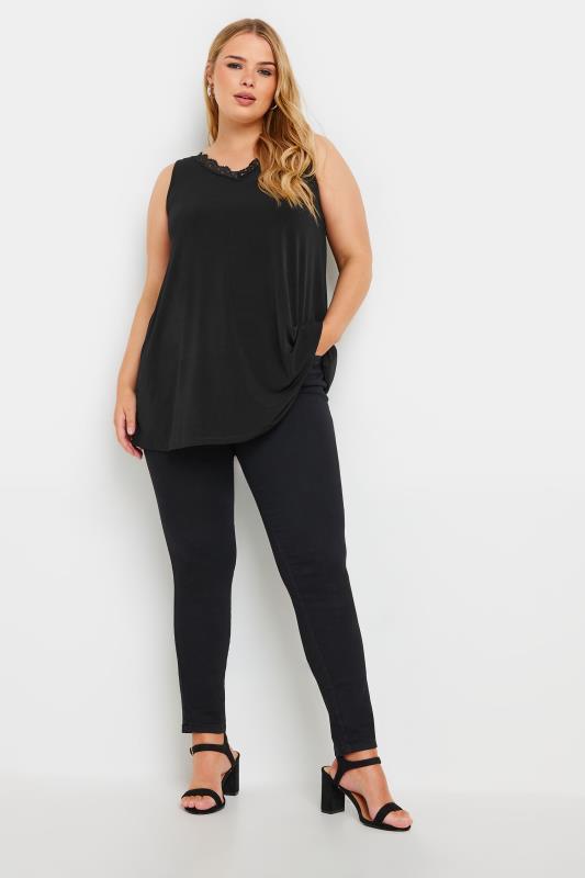 YOURS Plus Size Black Lace Trim Swing Vest Top | Yours Clothing 2