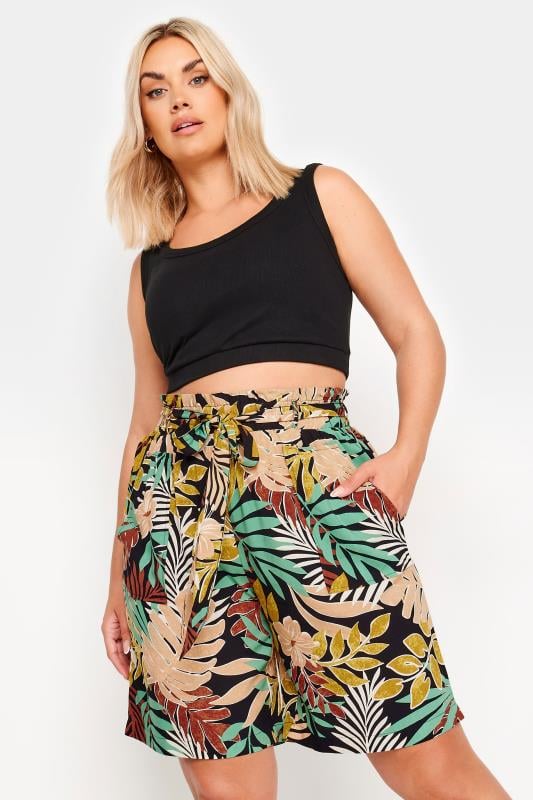 YOURS Plus Size Black Tropical Print Paperbag Shorts | Yours Clothing 1