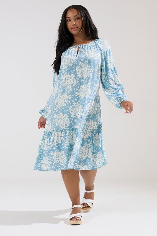 YOURS Plus Size Light Blue Floral Tie Neck Tiered Midi Dress | Yours Clothing 1