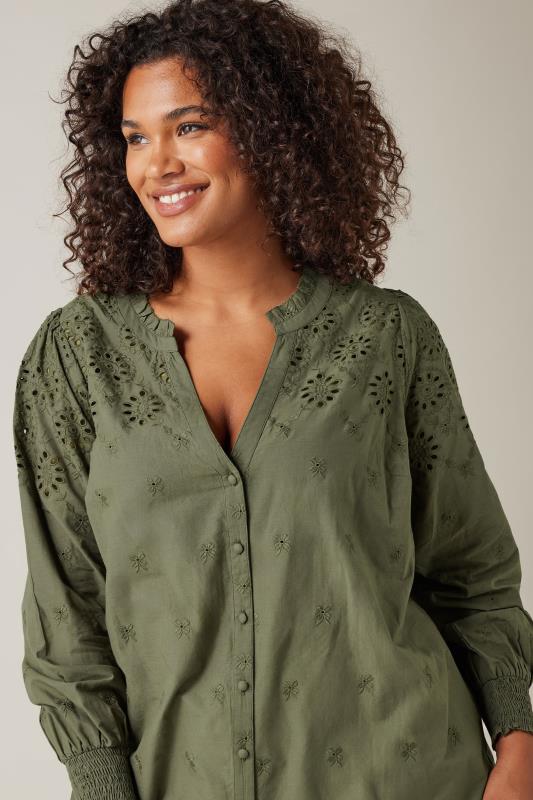 EVANS Plus Size Khaki Green Broderie Cotton Blouse | Evans 4