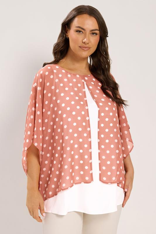 YOURS Plus Size Pink Polka Dot Double Layer Top | Yours Clothing 1