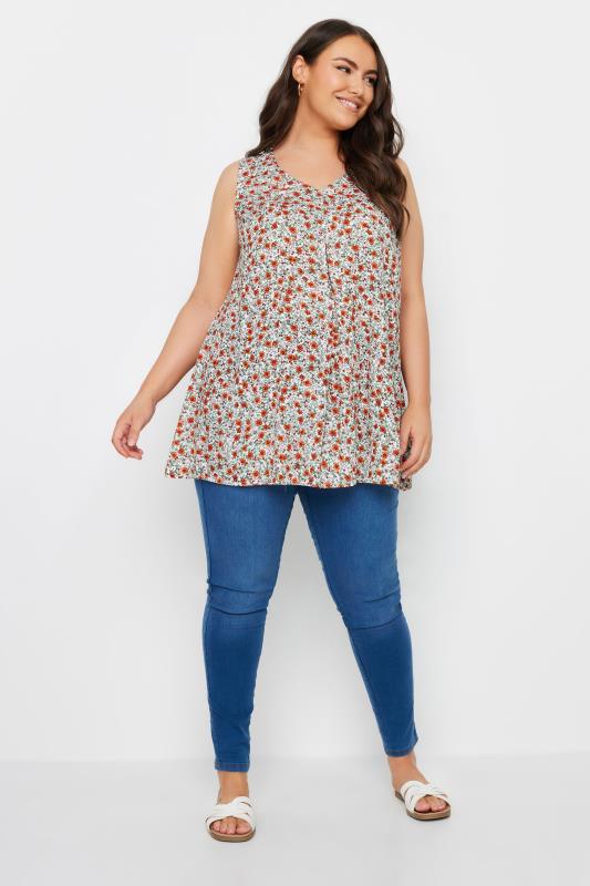 YOURS Plus Size Orange Floral Print Pleated Vest Top | Yours Clothing 2