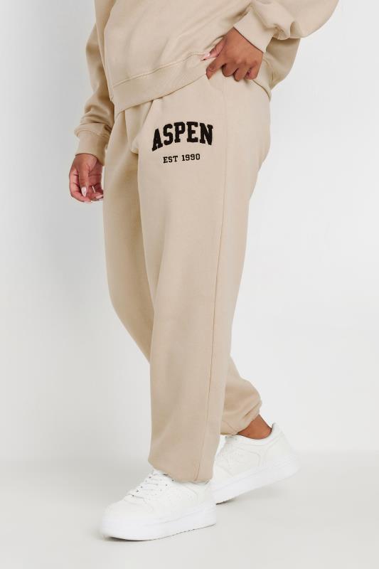 YOURS Plus Size Stone Brown 'Aspen' Slogan Joggers | Yours Clothing  1