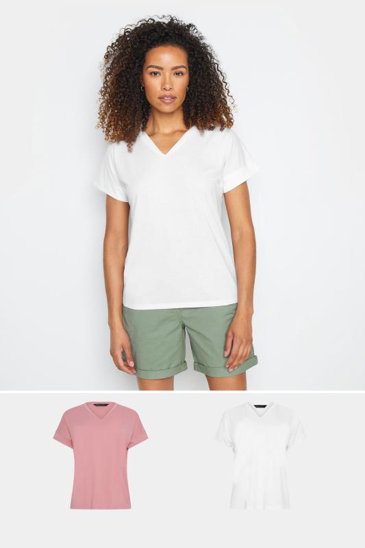 M&Co 2 PACK Pink & White Cotton V-Neck T-Shirts | M&Co 1