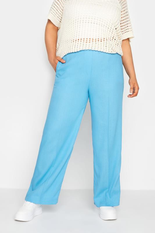 YOURS Plus Size Blue Linen Wide Leg Trousers | Yours Clothing  1