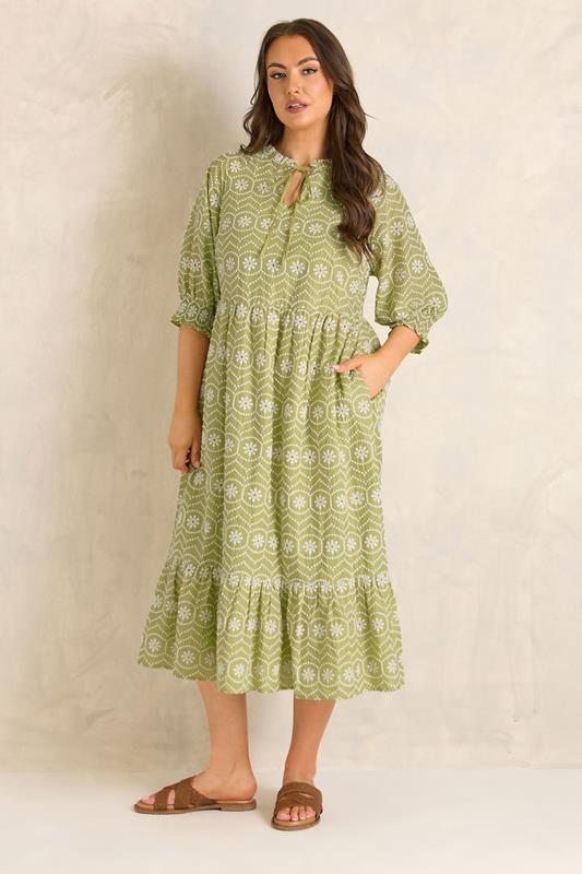 EVANS Plus Size Green Tie Neck Broderie Cotton Maxi Dress | Evans