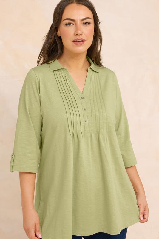 Plus Size  EVANS Curve Premium Sage Green Pintuck Henley Top