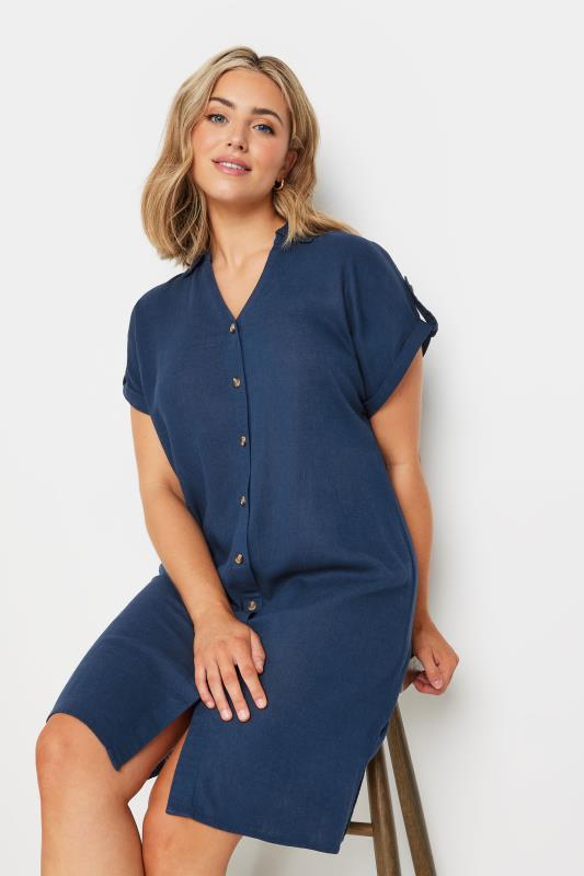 Women's  M&Co Navy Blue Short Sleeve Linen Shirt Dress