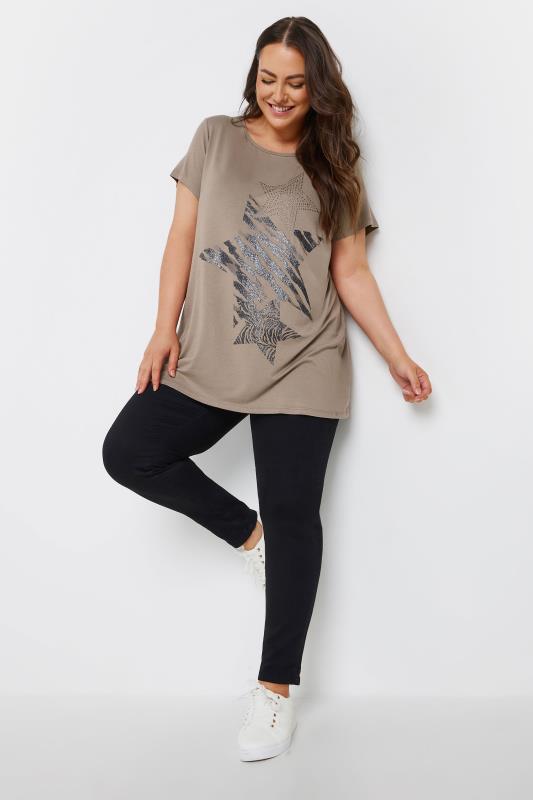 YOURS Plus Size Beige Brown Glitter Star Print T-Shirt | Yours Clothing 2