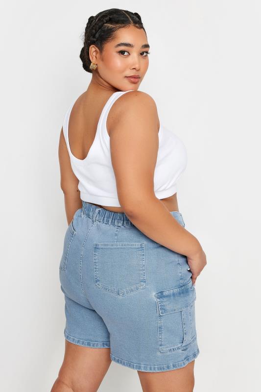 YOURS Plus Size Light Blue Stretch Denim Cargo Shorts | Yours Clothing 3