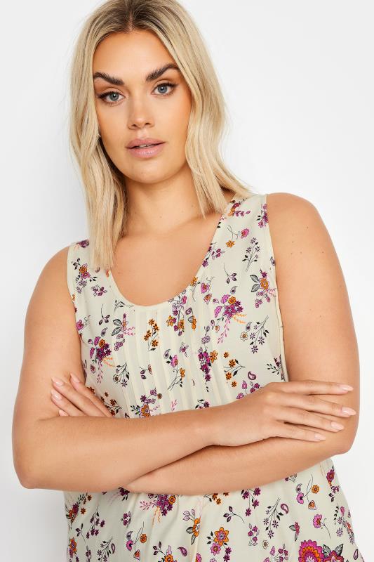 YOURS Plus Size Cream Floral Print Dipped Hem Pleated Vest | Yours Clothing 4