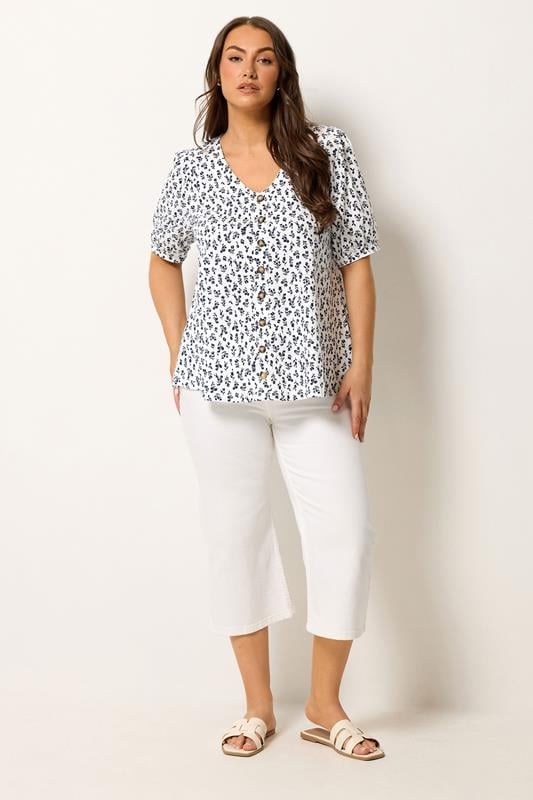 YOURS Plus Size White Floral Button Front Top | Yours Clothing 1