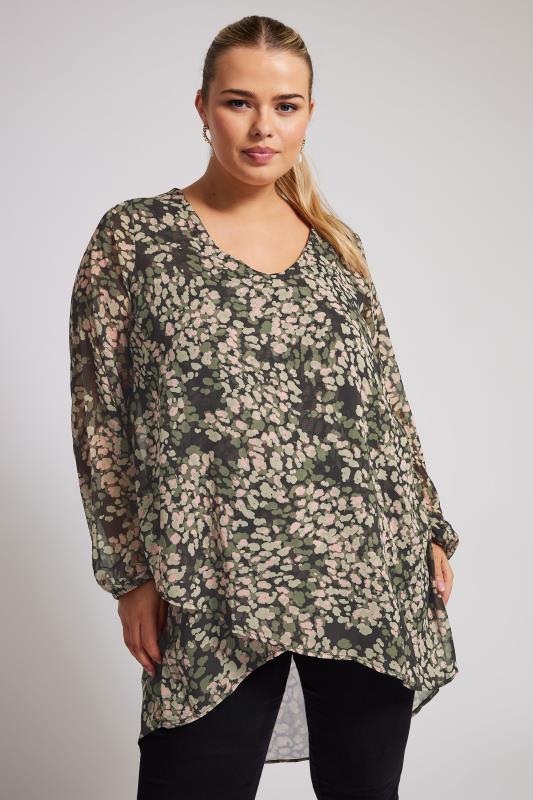 YOURS LONDON Plus Size Green & Pink Animal Print Longline Blouse | Yours Clothing 1