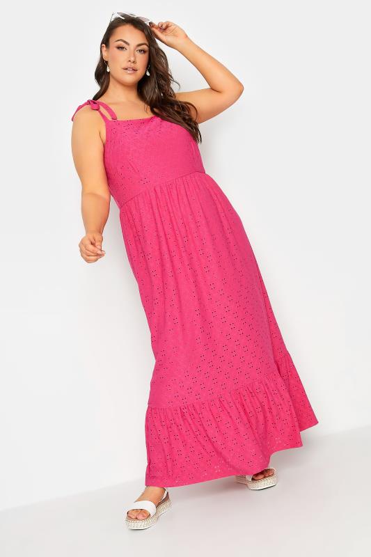 YOURS Curve Plus Size Hot Pink Broderie Anglaise Maxi Dress | Yours Clothing  1