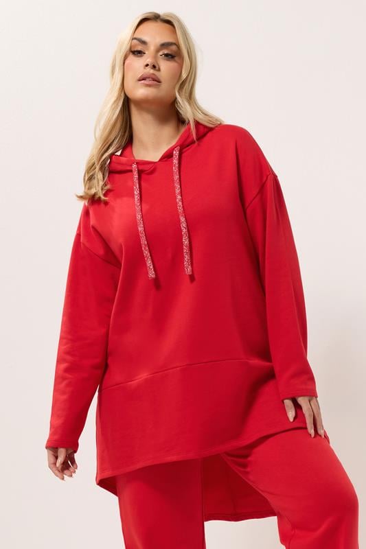  YOURS Curve Red Metallic Drawstring Longline Hoodie