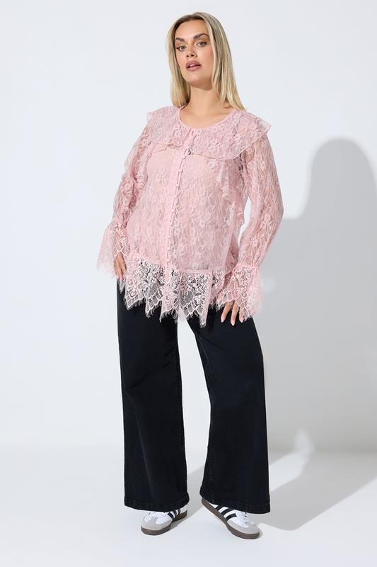 LIMITED COLLECTION Plus Size Pink Lace Frill Blouse | Yours Clothing 1
