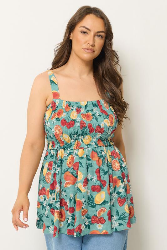 YOURS Plus Size Green Fruit Print Peplum Vest Top | Yours Clothing 1