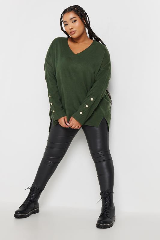 YOURS Plus Size Forest Green Button Sleeve Jumper | Yours Clothing  2