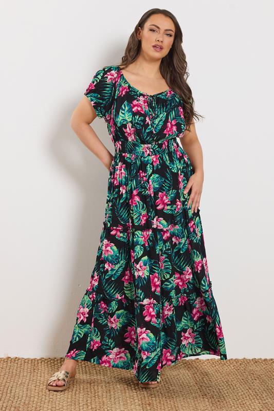  YOURS Curve Black Tropical Tie Neck Bardot Maxi Dress