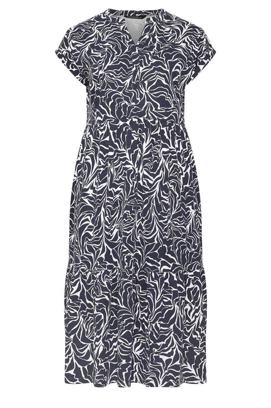 EVANS Plus Size Navy Blue Abstract Print Notch Neck Cotton Midi Dress | Evans 5