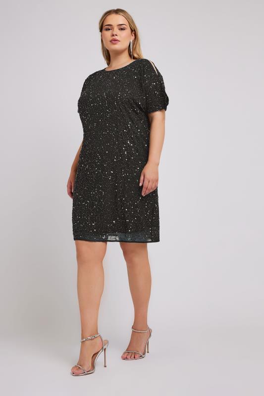 Plus Size LUXE Curve Black Sequin Hand Embellished Cold Shoulder Cape Dress | Yours Clothing 1